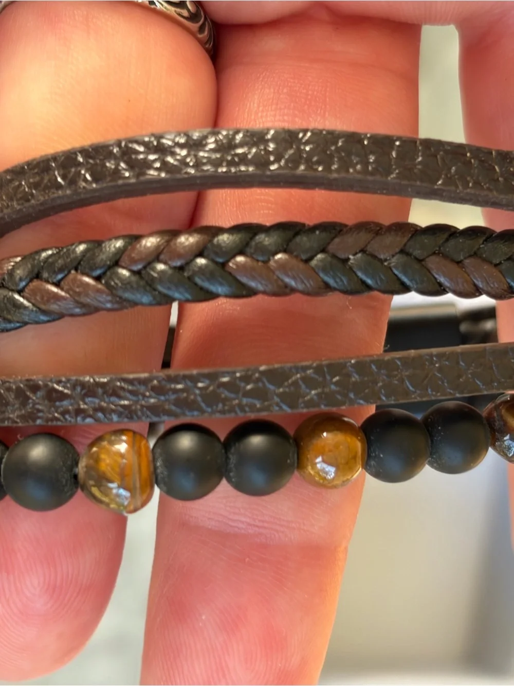 Hand Crafted Brown Leather Wrap Bracelet with Black and Tiger Eye Beads